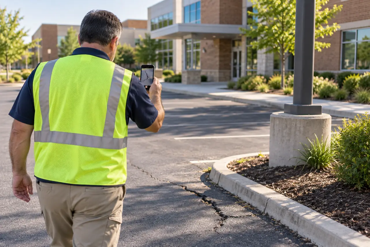 A worker photographing cracked asphalt in a clinic parking lot