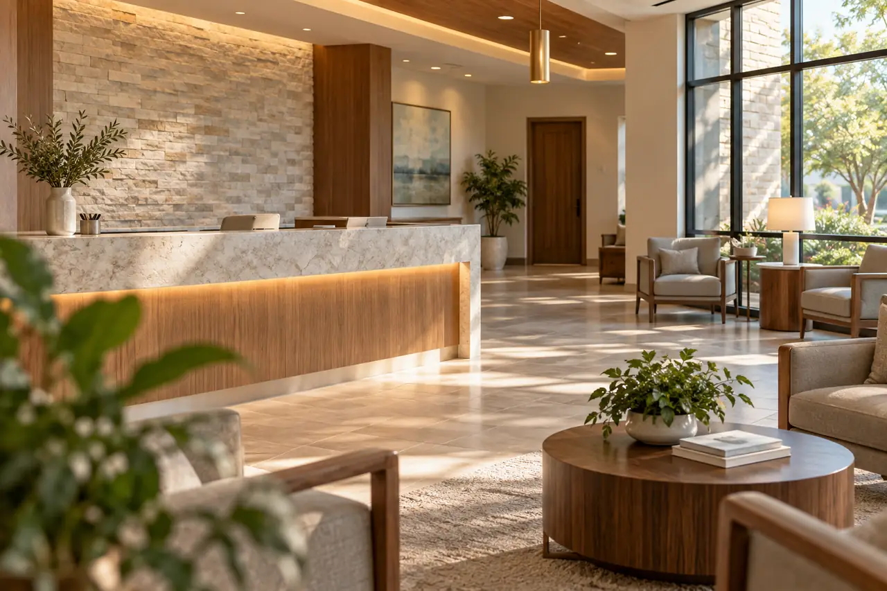 A calm, empty medical office lobby