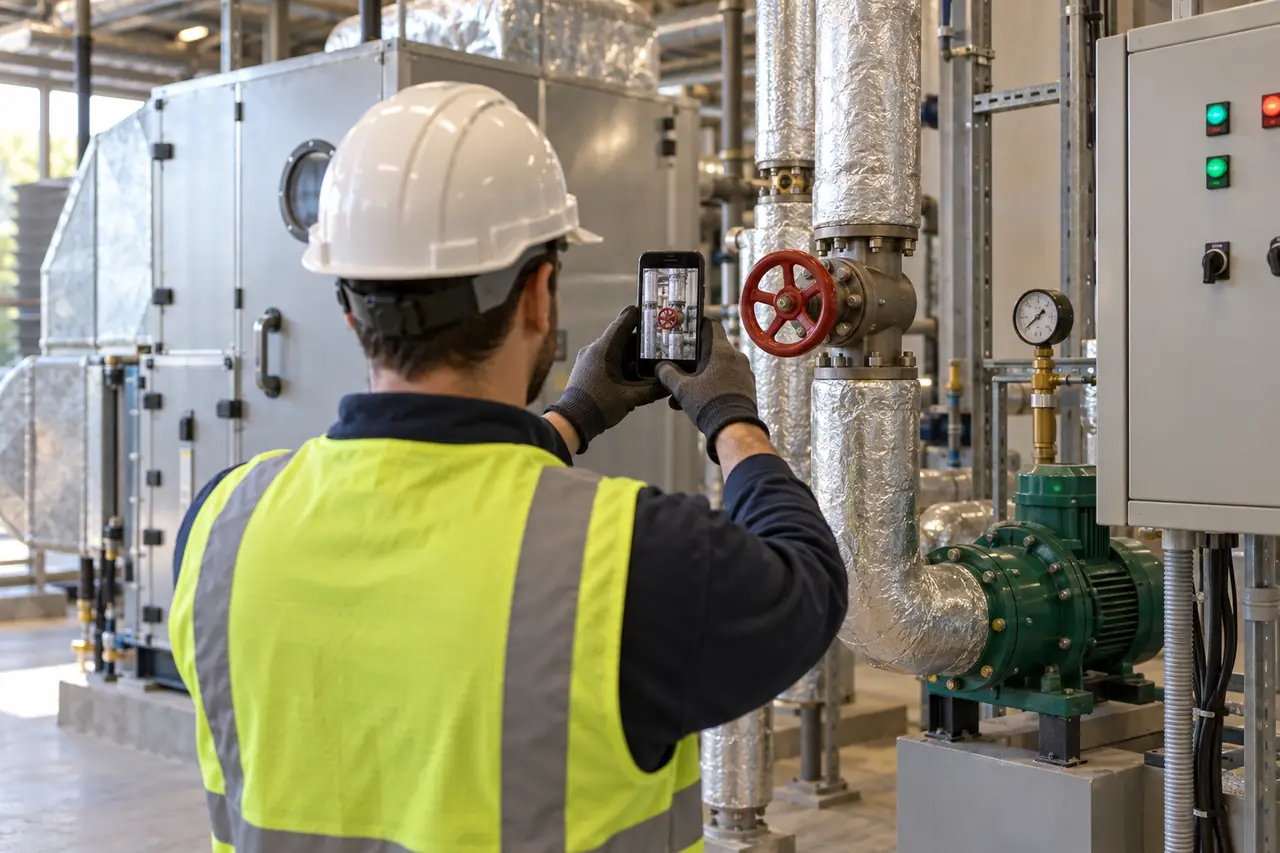 A technician photographing a valve in a mechanical room