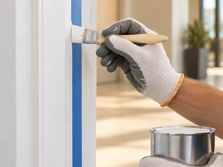 Door frame with a blue painter's tape line left on the jamb