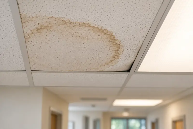 Water-stained ceiling tile in a corridor, before the repair